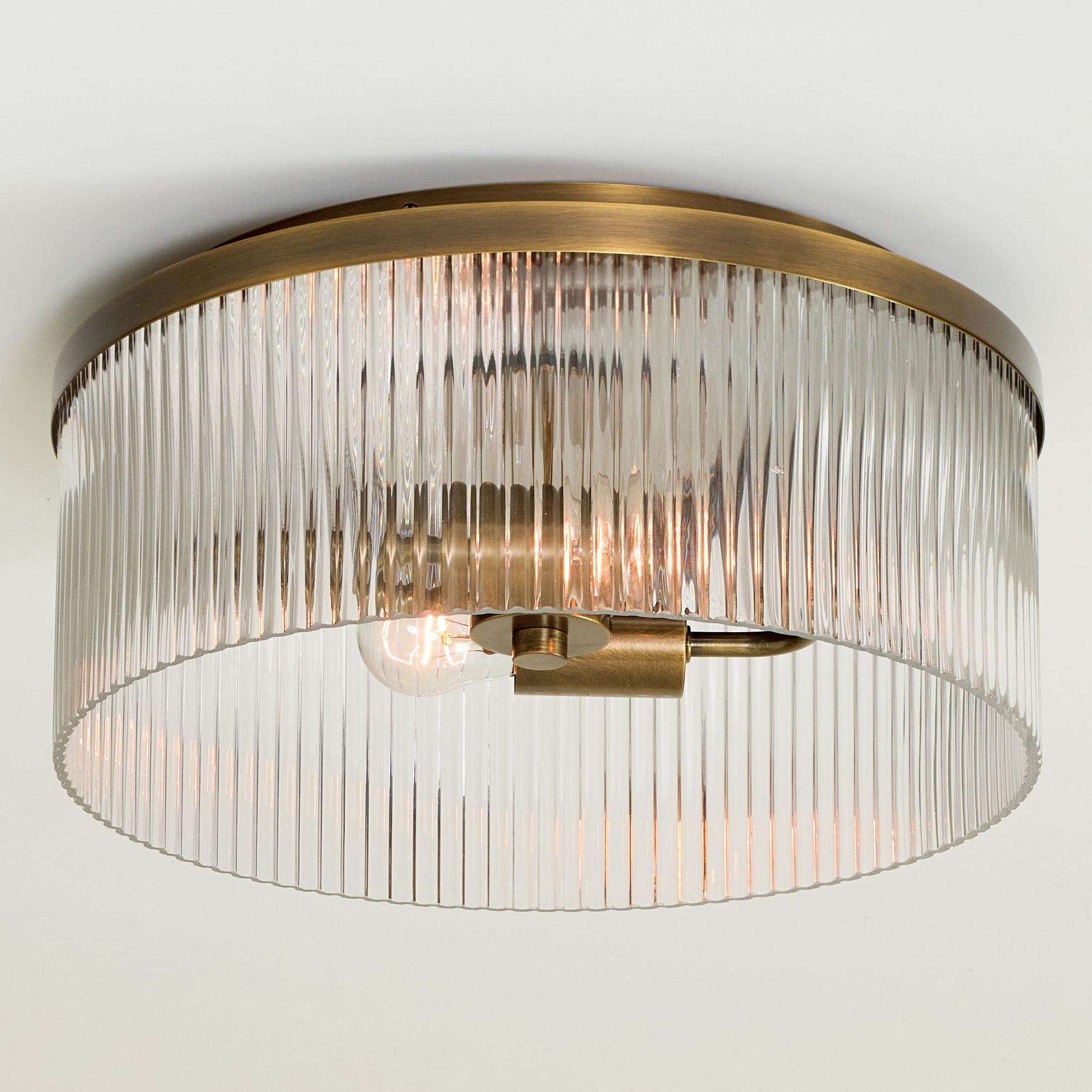 Retro Brass Striped Glass Drum Ceiling Lamp Antique Bronze Fluted 